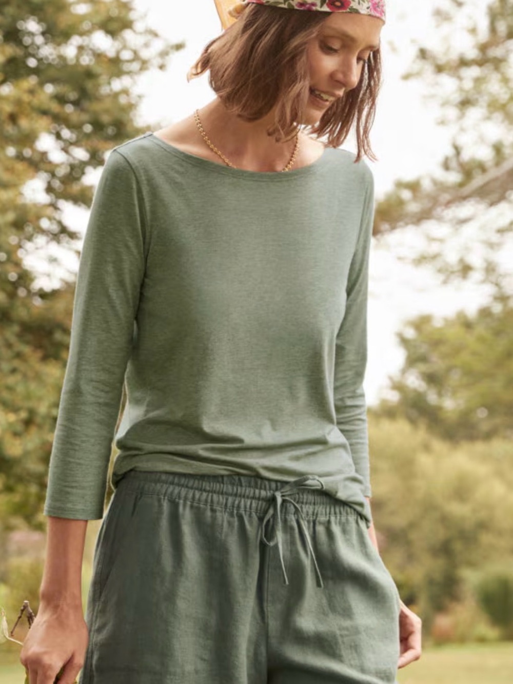 Garnet Hill Essential 3/4 sleeve Sage Green Boatneck Tee